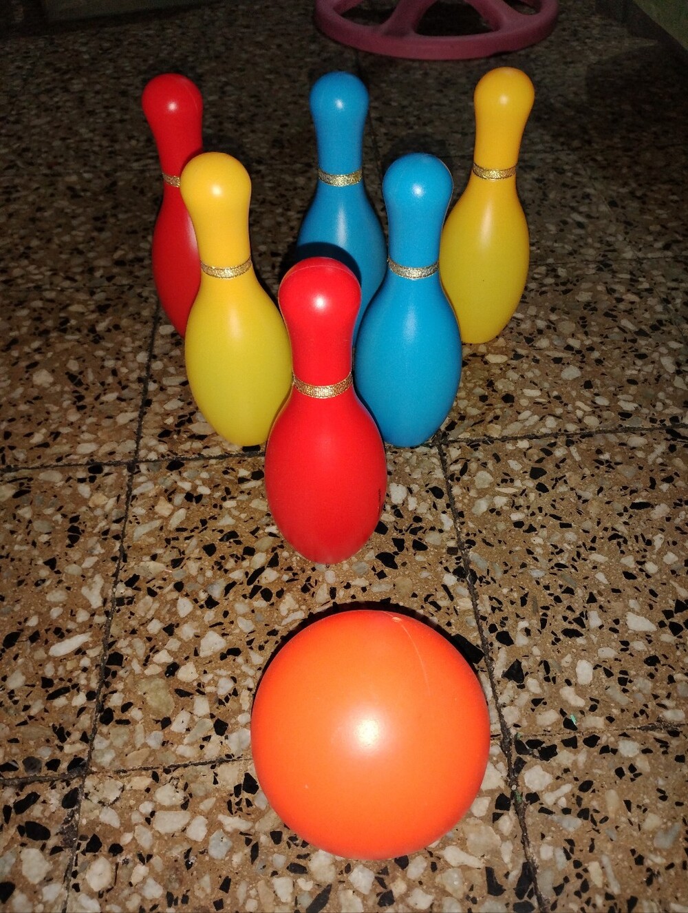 Colorful Kids Bowling Set - Red, Blue & Yellow Pins with Orange Ball